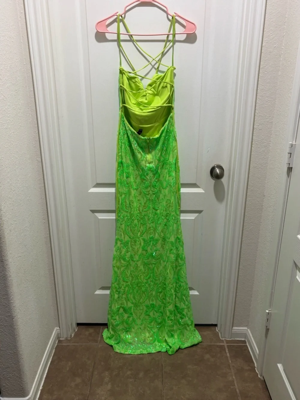 Windsor Neon Green Sequin Cowl Neck Prom Dress - Picture 4 of 4